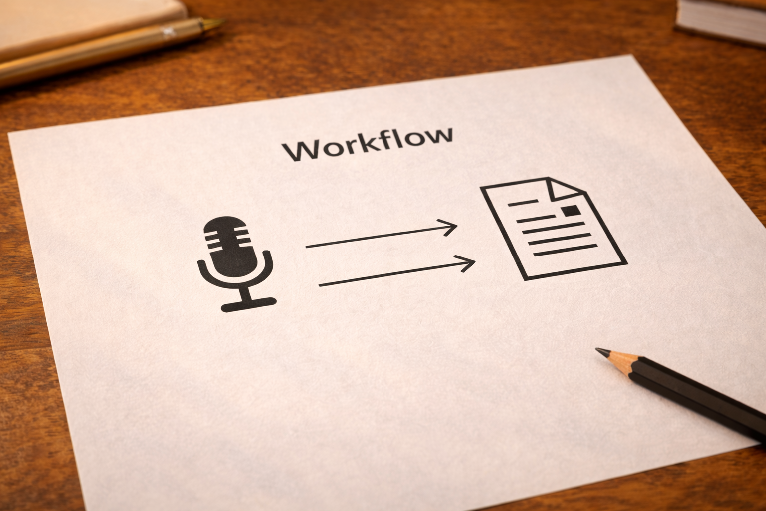 Workflow diagram drawn on paper with microphone and document icons, minimal clean style