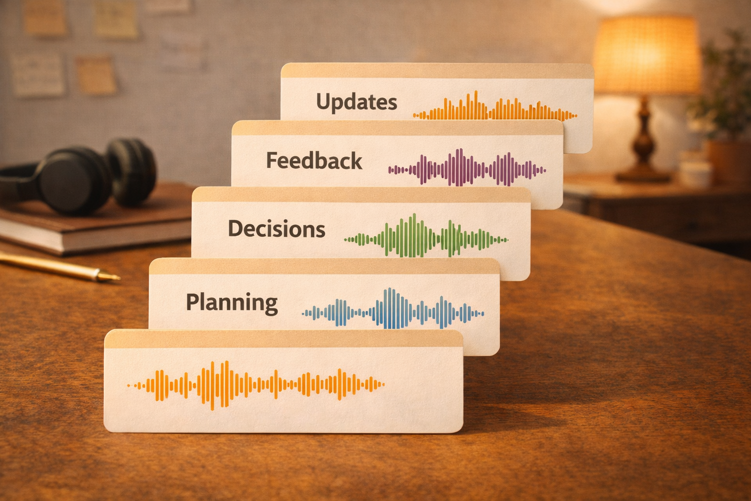 Stack of audio waveform cards labeled with topics, colorful but warm palette, creative studio vibe