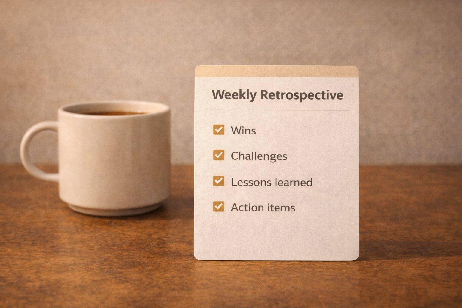 Weekly retrospective checklist beside a coffee mug, warm textured background, minimal layout