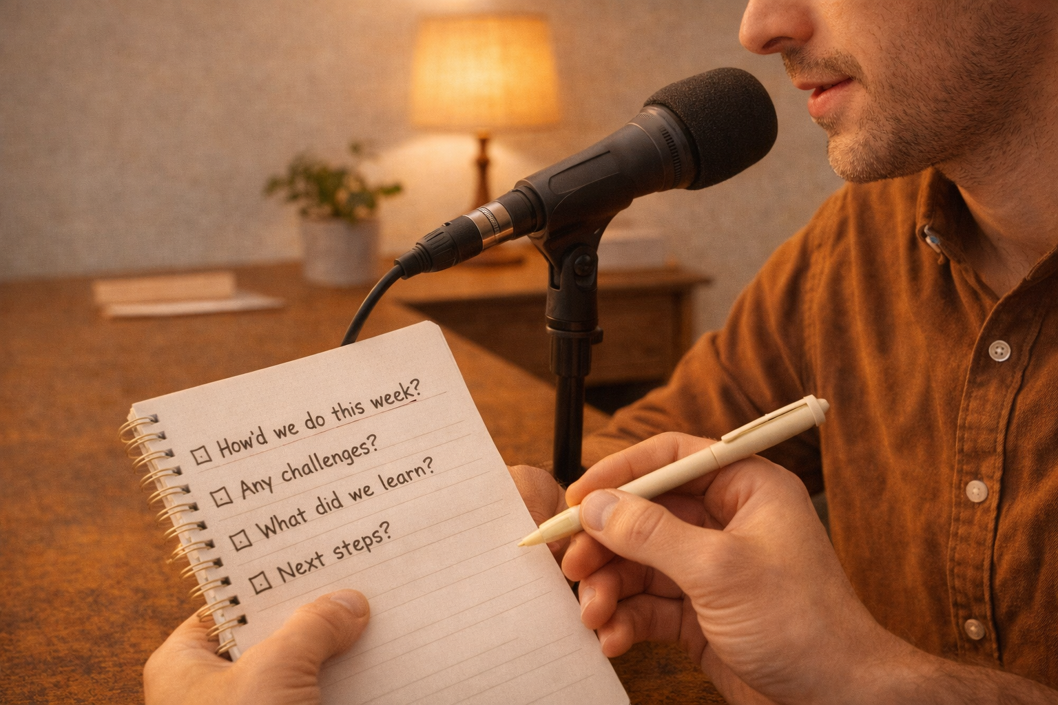 Founder recording answers with a notebook of questions, warm light, simple composition