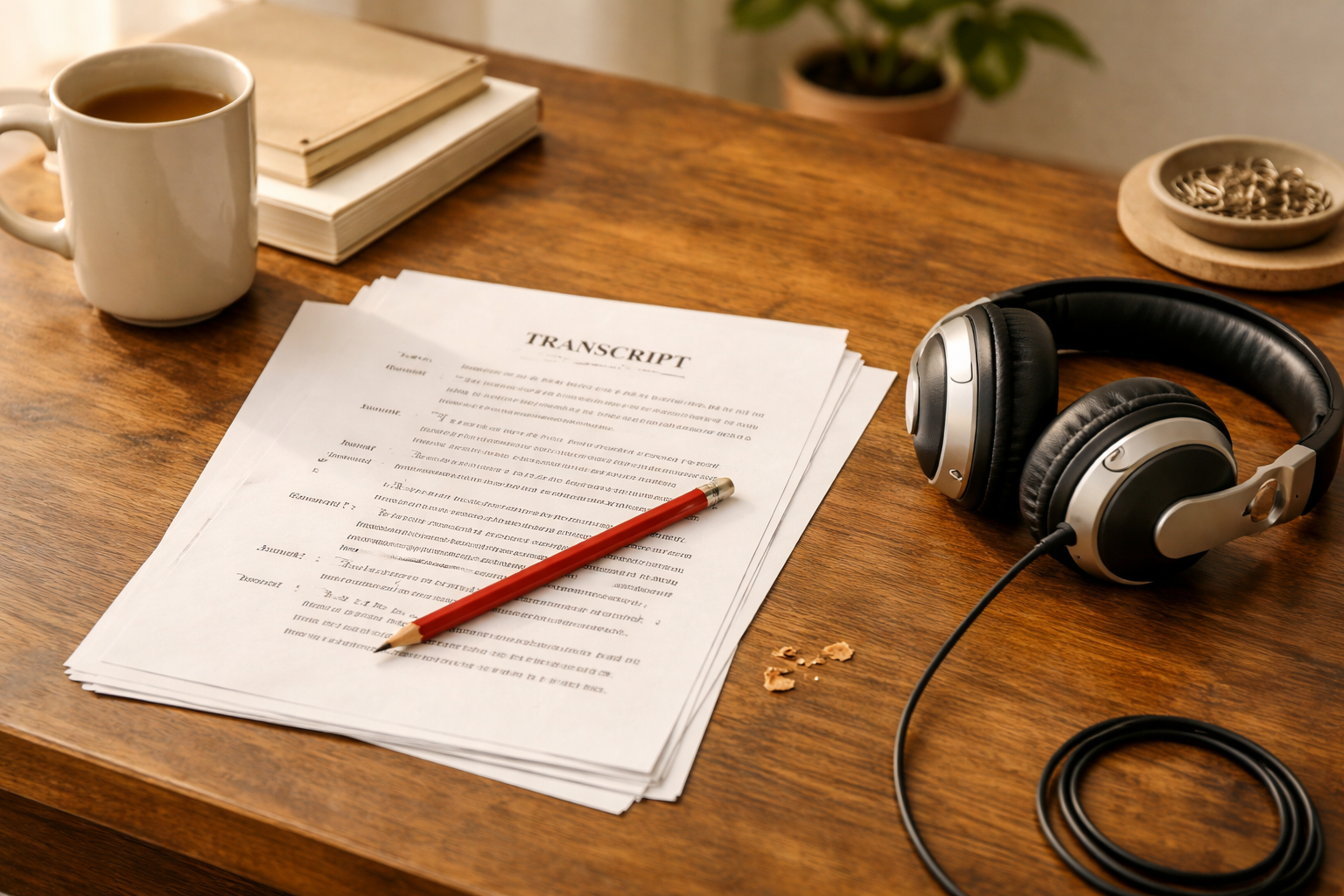 Minimal desk scene with transcript printout, red pencil, and headphones, warm neutral tones, editorial style