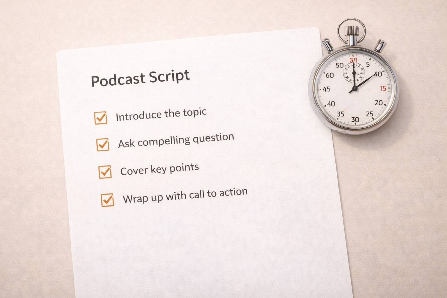 Podcast script with checkmarks and a stopwatch, warm neutral background