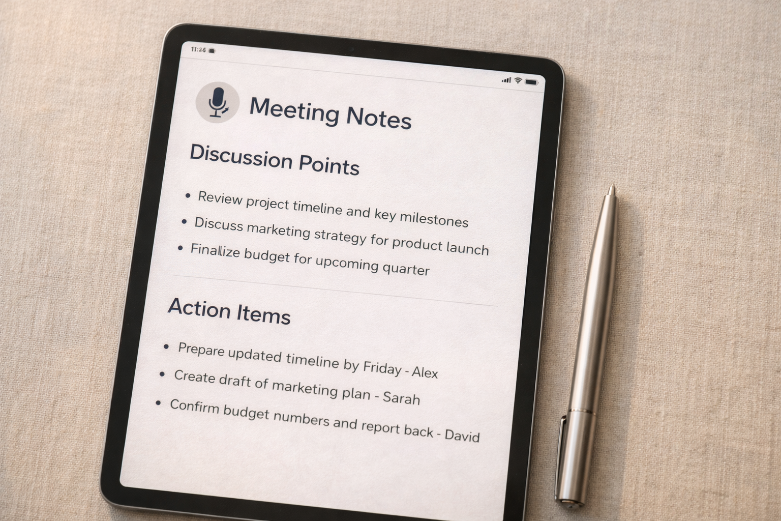 Founder recording a voice memo on a phone with a weekly planner open, morning sunlight, calm tone
