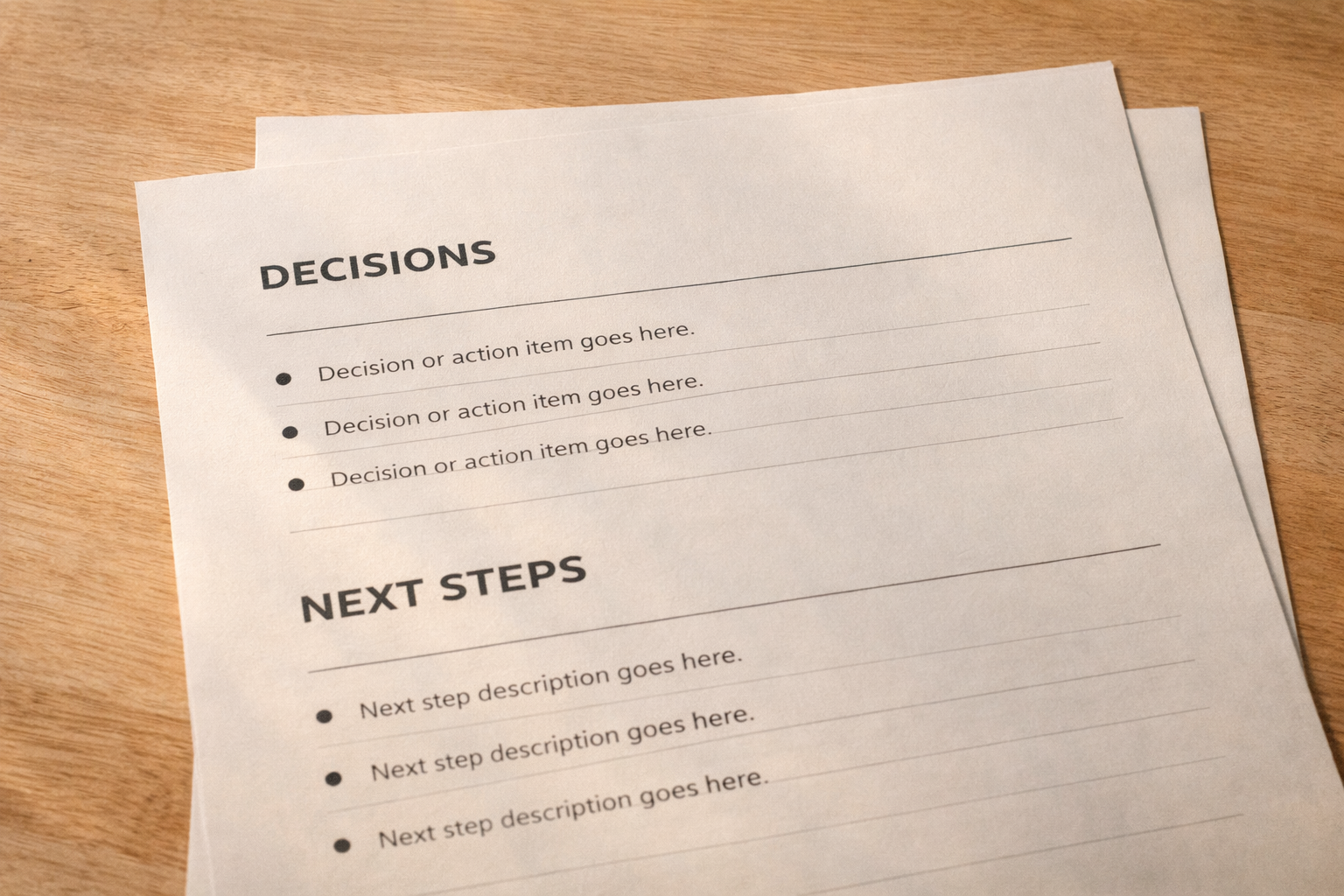 Meeting notes on a tablet with a microphone icon and tidy memo layout, neutral background